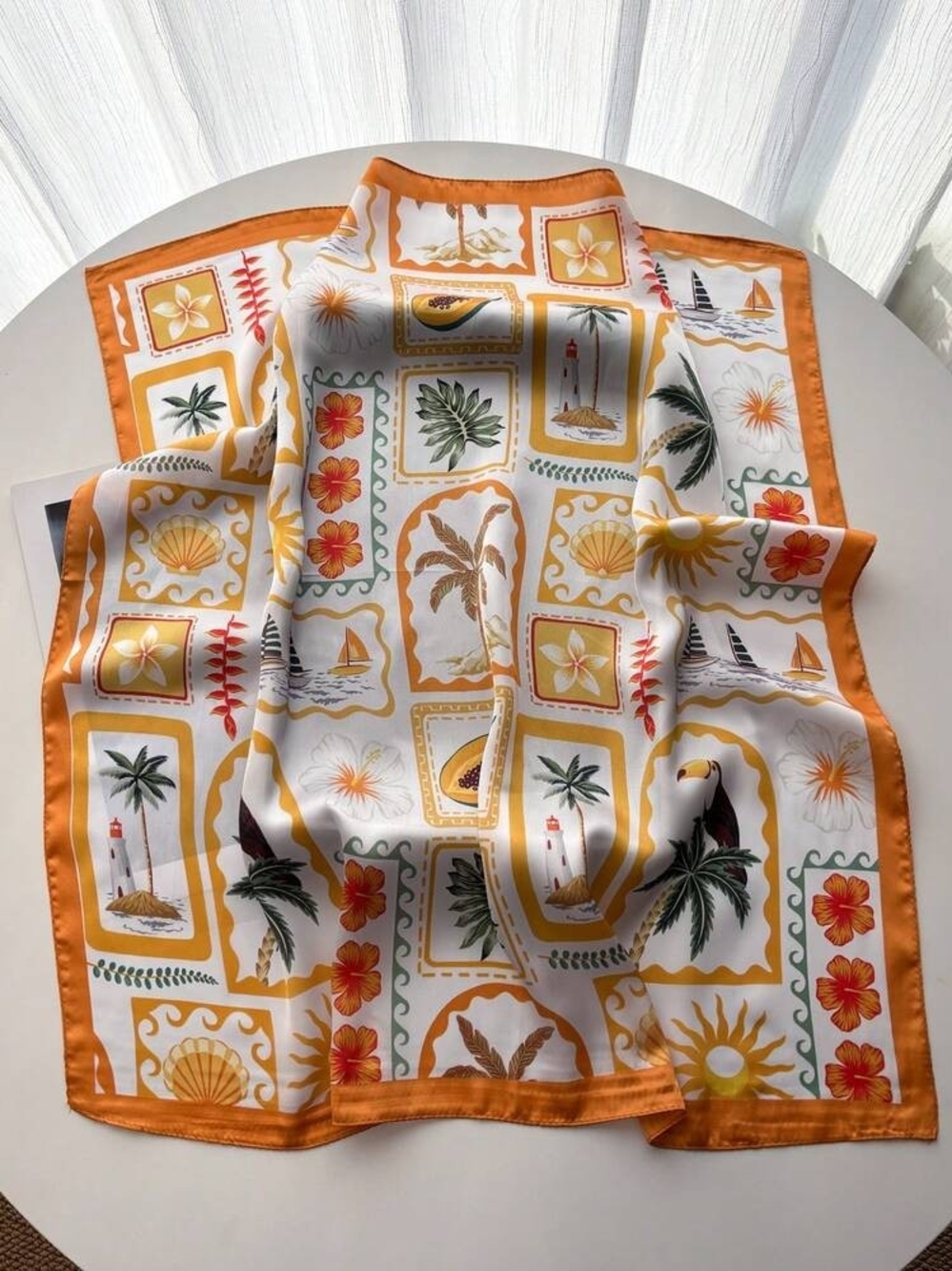 Silk-feel Orange & White Tropical Print Silk Scarf Head, Neck 70*70cm